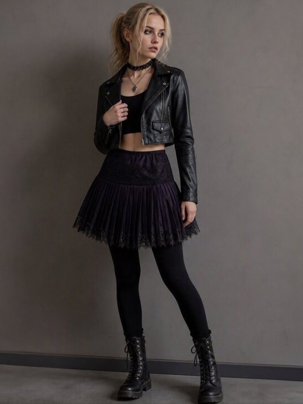 Black Pleated Mini Skirt With Lace Detail Light Weight